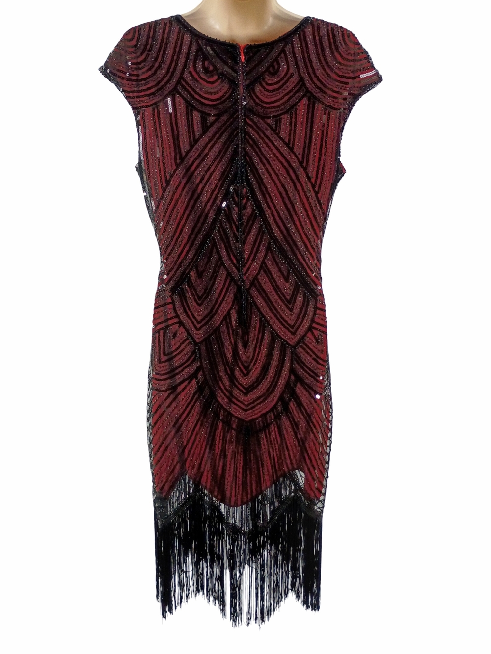 Flapper Beaded Red Fringe Midi Dress with Black Accents - Picture 4 of 8